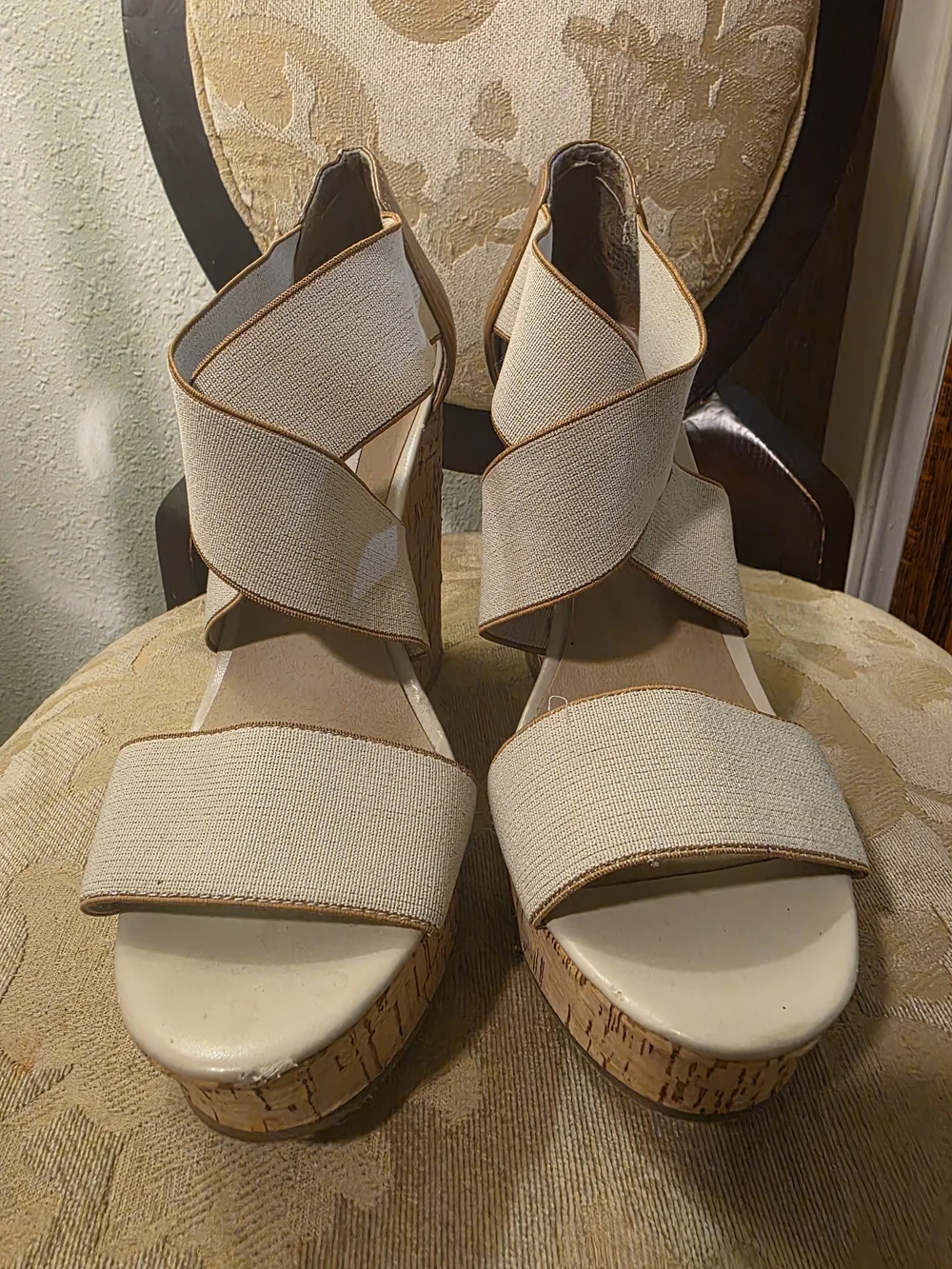 Steve Madden Neutral Tan Elastic Crisscross Wedge Sandals
